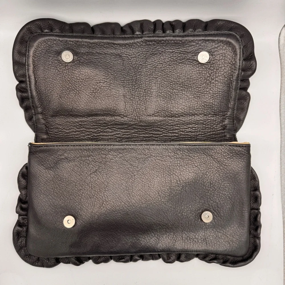 Treesje Leather Flap Clutch 80s‎ Inspired Handbag Black Ruffle Evening Bag